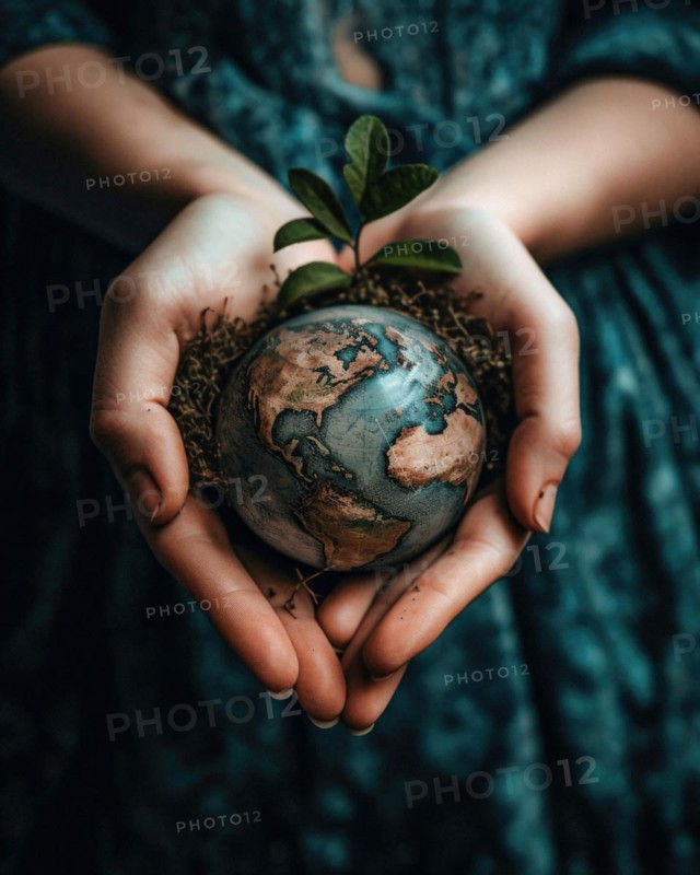 Two workers' hands gently hold a globe embedded in young plants