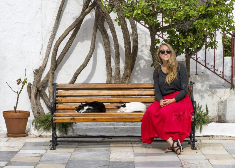Young woman with red skirt sitting on a bench with sleeping cats