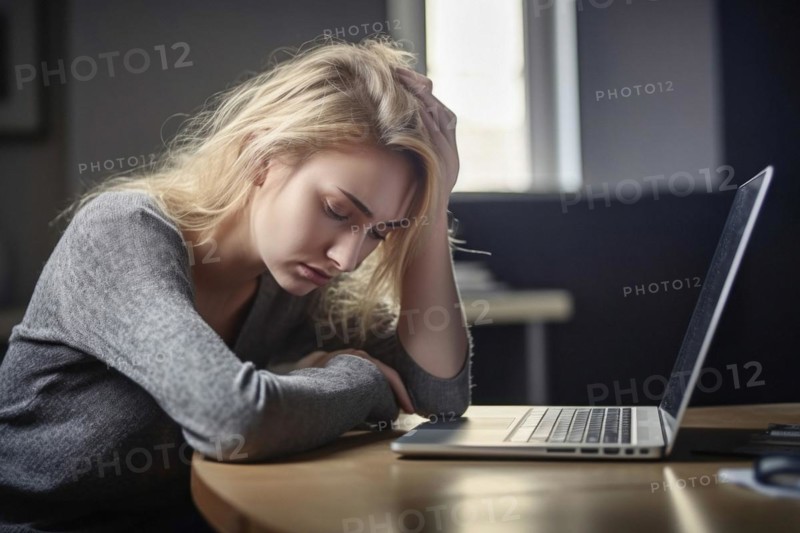 Young woman sitting exhausted at a notebook