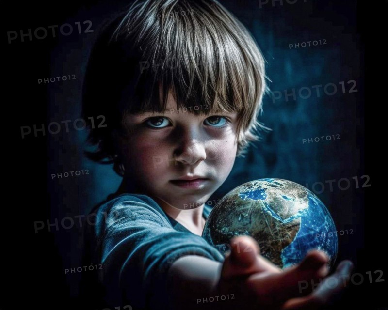 A five-year-old boy with a reproachful look demonstratively stretches out his arm with a globe in his hand
