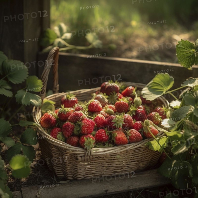 Raffia basket with fresh strawberries in a natural environment in a field