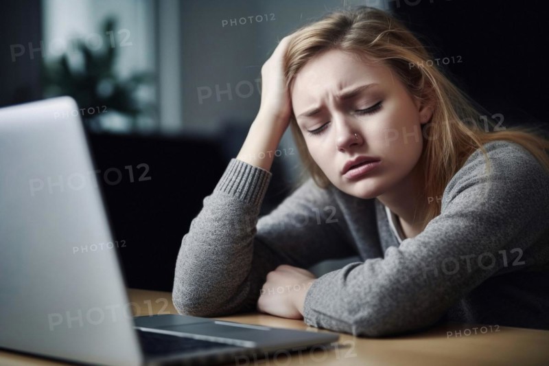 Young woman sitting exhausted at a notebook