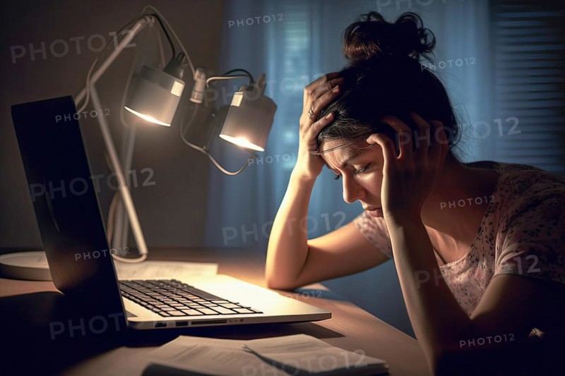 Young woman sitting exhausted at a notebook