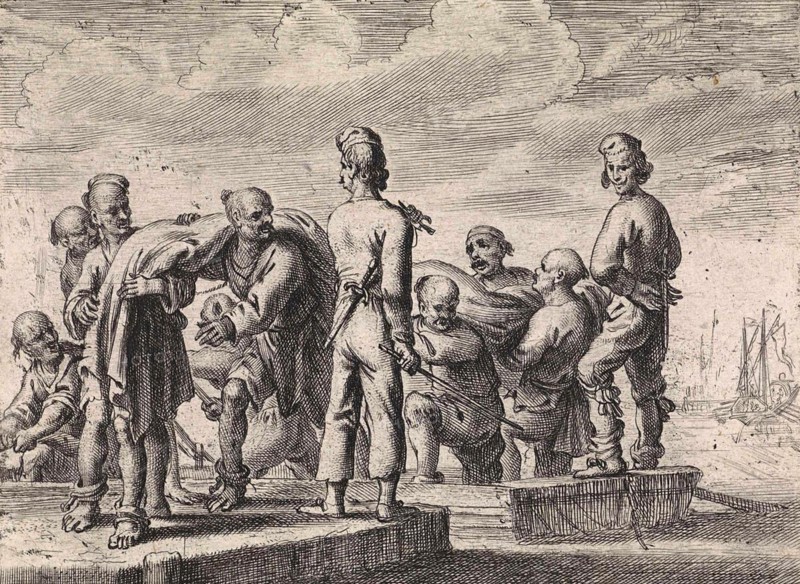 Slaves carrying a canvas in the harbour