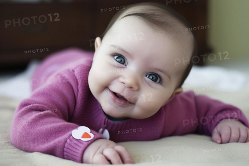 A laughing dark-haired baby in a purple romper suit