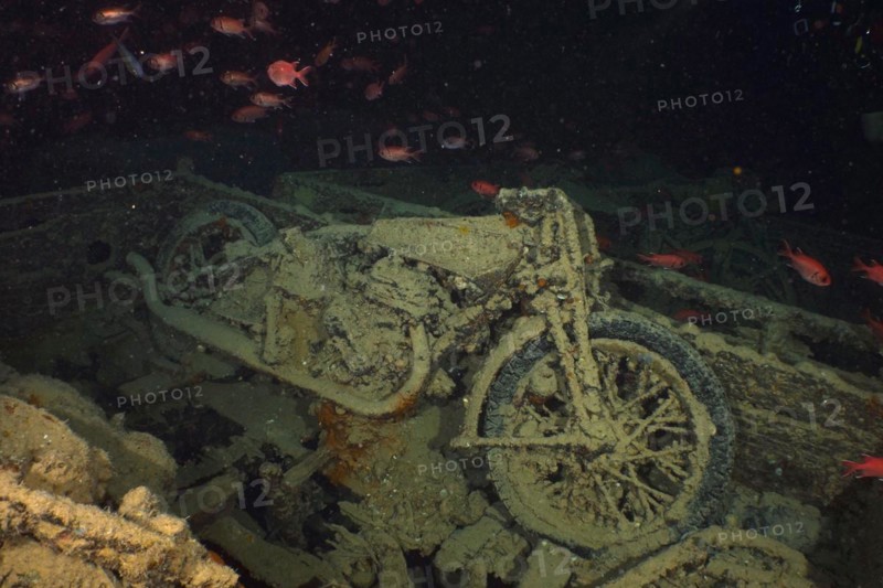 Norton motorbike from the Second World War in the hold of the Thistlegorm. Dive site Thistlegorm wreck