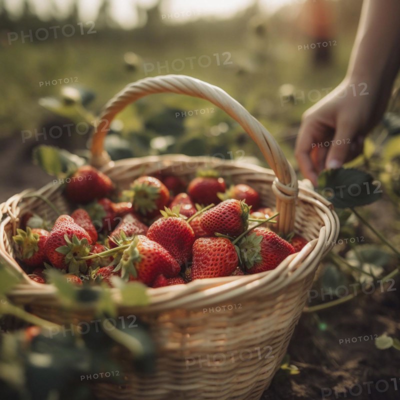 Raffia basket with fresh strawberries in a natural environment in a field