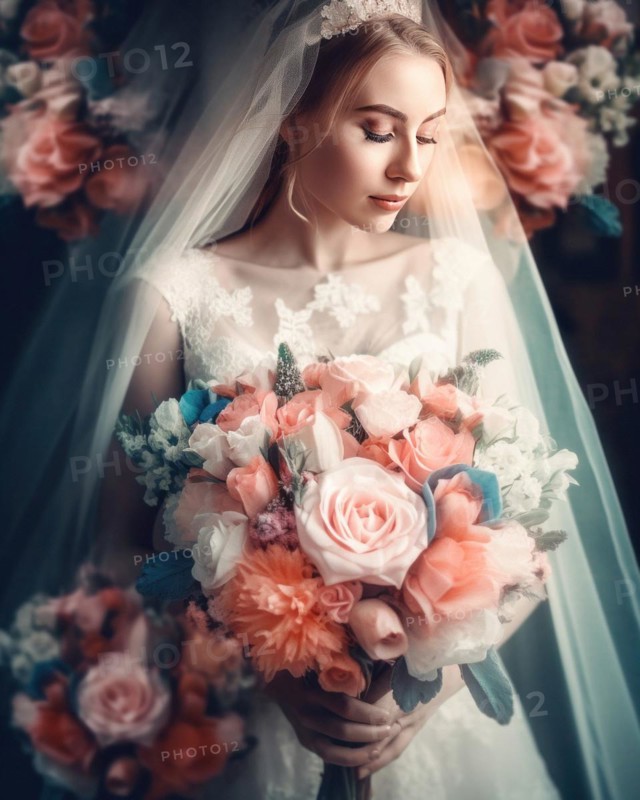 A bride in a white wedding dress holds a beautiful bridal bouquet