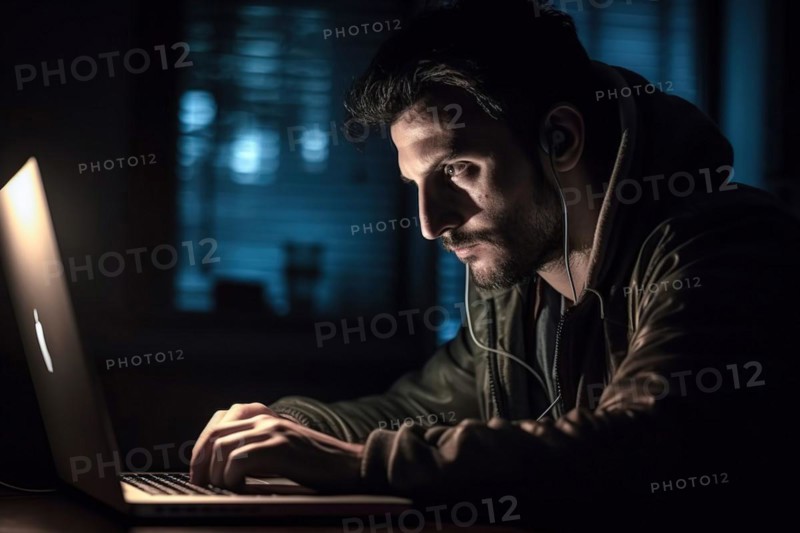 Man with beard and dark hair working on laptop at night