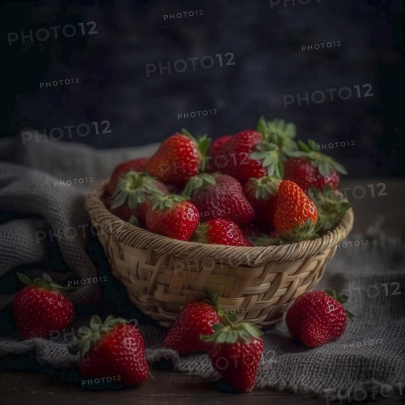 Raffia basket with fresh strawberries in a natural environment in a field