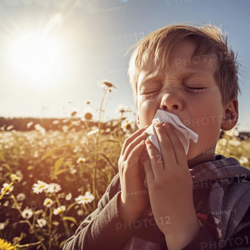 Hay fever child suffers from hay fever and is surrounded by pollen flowers