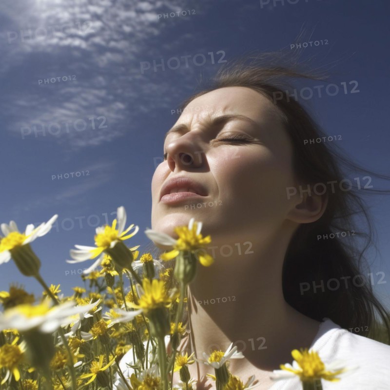 Hay fever child suffers from hay fever and is surrounded by pollen flowers
