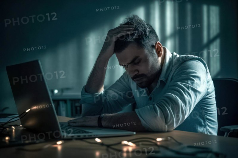 A man sits exhausted at a notebook