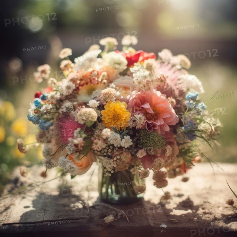A colourful bouquet of wildflowers in warm sunlight