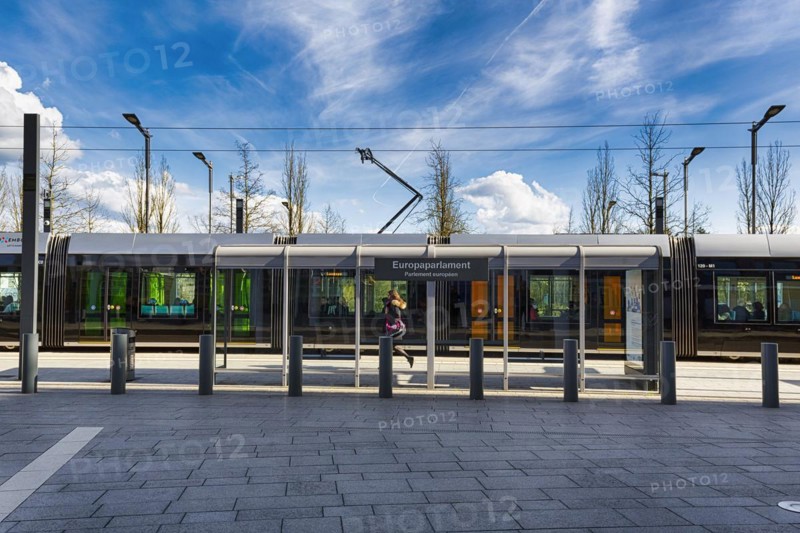 Pedestrian at tram stop