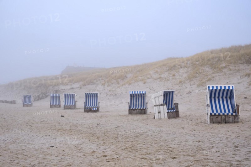 Empty beach chairs on a sandy beach