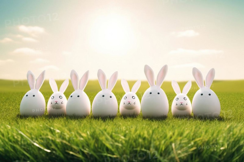 Eight Easter Eggs with Bunny Ears as Easter Bunnies in a Green Spring Meadow