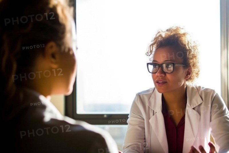A doctor in a white coat talking to a patient