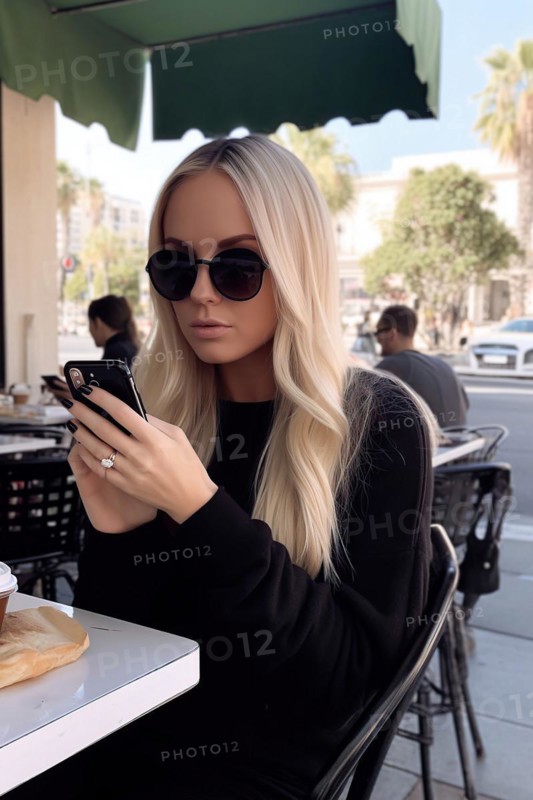 A young woman in her early twenties with blonde hair and dark sunglasses sits in a street cafe looking at her mobile phone