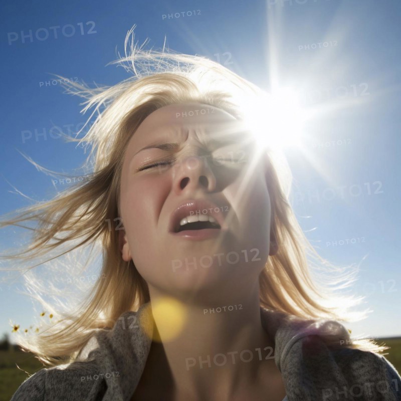 Hay fever child suffers from hay fever and is surrounded by pollen flowers