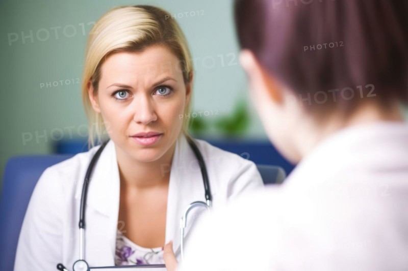 A doctor in a white coat with a stethoscope talking to a patient