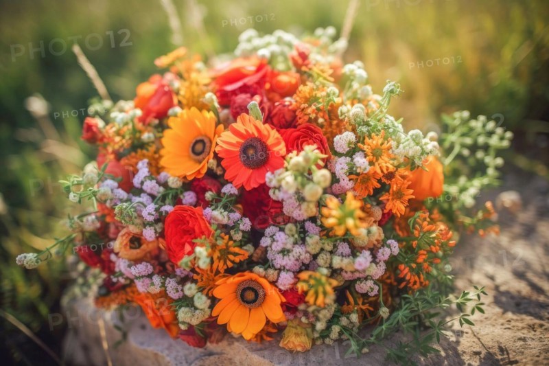 A colourful bouquet of wildflowers in warm sunlight
