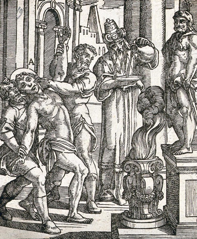 A torture victim is about to have his hand put into an open flame while a priest looks on