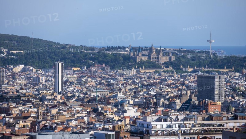 View over the city with Palau Nacional and Torre de Comunicacions de Montjuic
