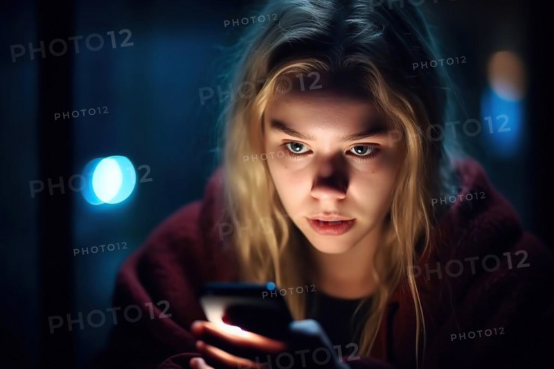 A fifteen year old girl with blonde hair looks at her mobile phone at night