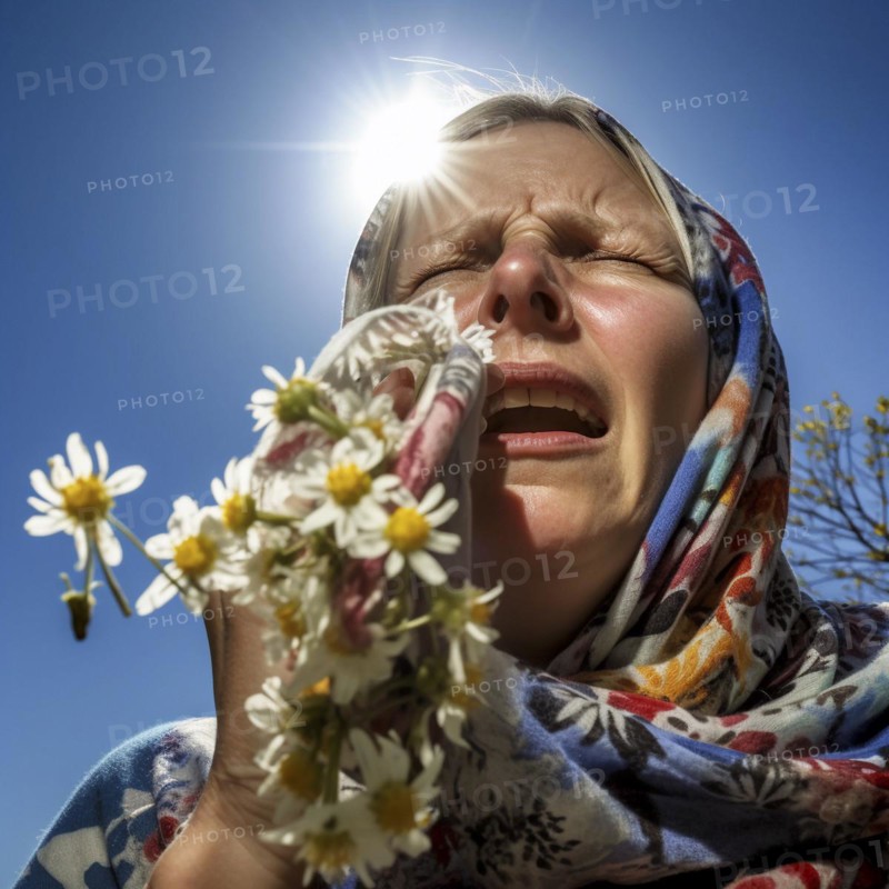 Hay fever child suffers from hay fever and is surrounded by pollen flowers