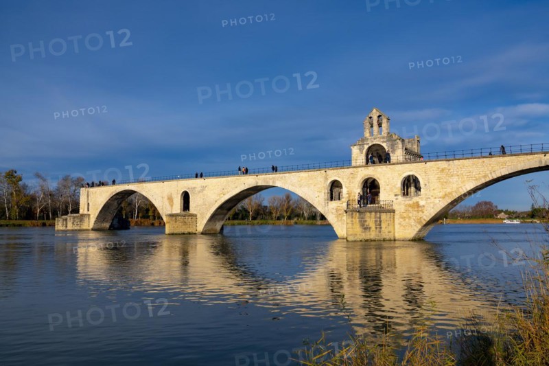 Pont Sant Benezet over Rhone River with Sunlight and Blue Sky in Avignon