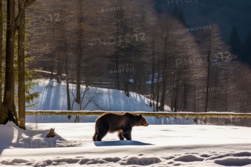 A brown bear on a snow-covered forest road close to civilisation