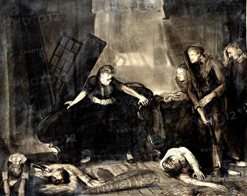 The last victim. German soldiers invade a farmhouse during the first passage through Belgium. They kill mother