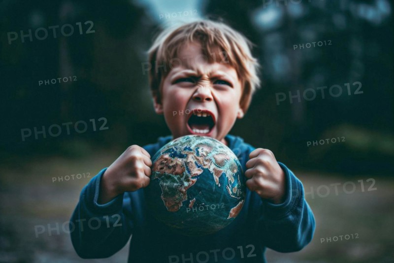 A very angry young boy screaming holds a globe with his clenched fists