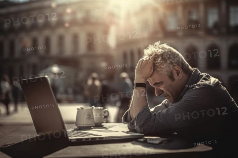 A man sits exhausted at a notebook
