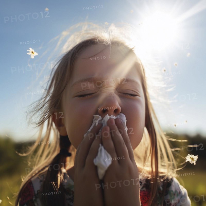 Hay fever child suffers from hay fever and is surrounded by pollen flowers