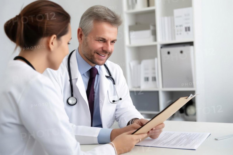 A doctor in a white coat with a stethoscope talking to a patient