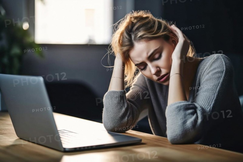 Young woman sitting exhausted at a notebook