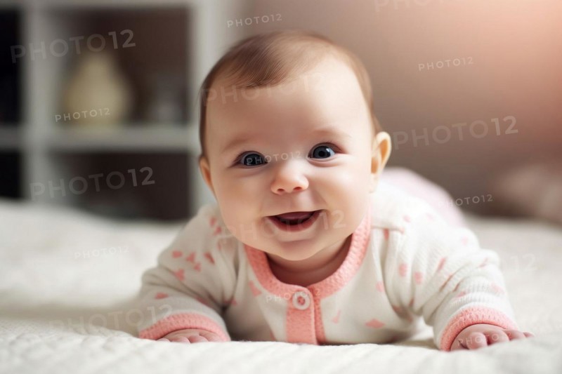 A laughing dark-haired baby in a pink romper suit