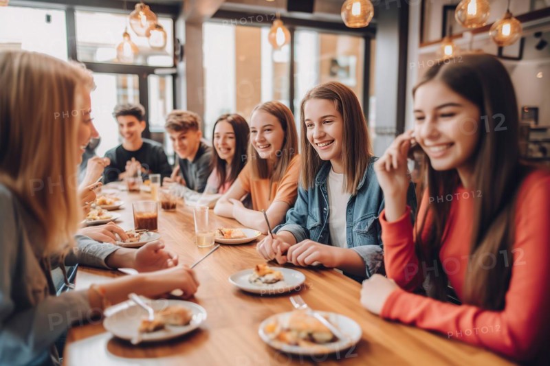 A group of teenagers have fun eating at a restaurant
