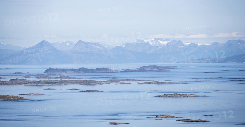 View of sea with archipelago islands from Svellingsflaket and mountains