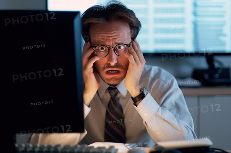 A stockbroker in glasses looks in shock at the display of his notebook