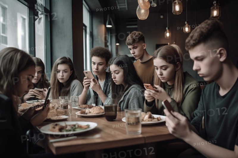 A group of young people in a restaurant are bored with their mobile phones
