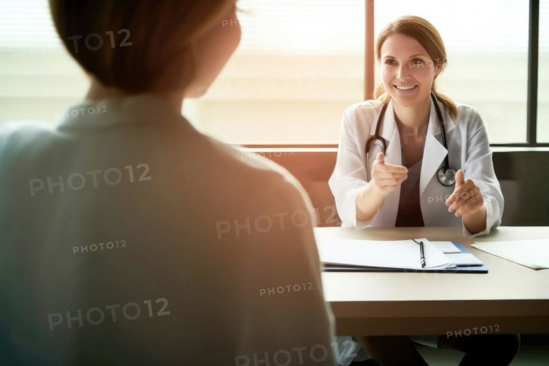 A doctor in a white coat with a stethoscope talking to a patient