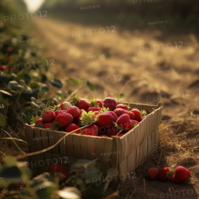 Raffia basket with fresh strawberries in a natural environment in a field