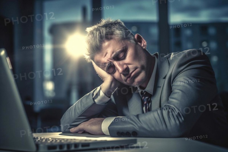 A man sits exhausted at a notebook