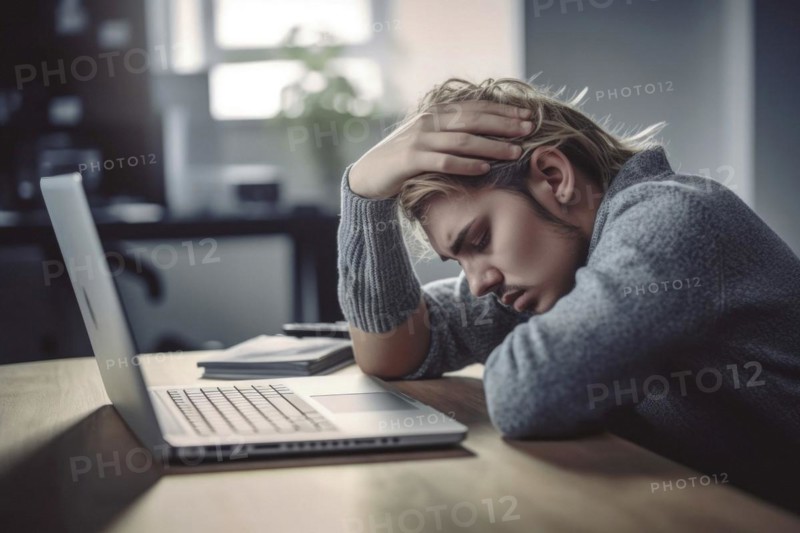 A man sits exhausted at a notebook