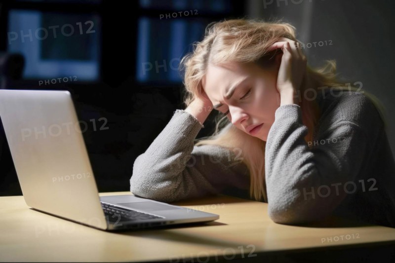 Young woman sitting exhausted at a notebook