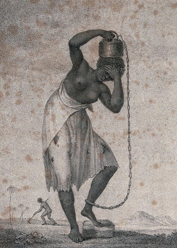 A slave woman carrying a weight on her head. A Woman Carrying a Weight on Her Head Attached to Her Ankle by a Chain