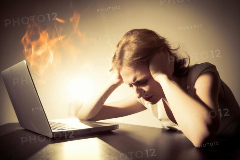 Young woman sitting exhausted at a notebook